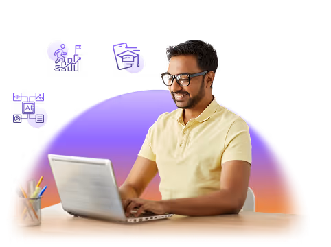Man wearing glasses and a yellow polo shirt typing on a laptop at a desk with a pencil holder, with digital icons floating above.