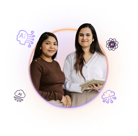 Two women standing side by side, one holding a notebook, surrounded by AI-themed icons in a colorful circular frame.