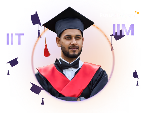 Young man in graduation cap and gown with red stole against a purple and orange circular background with floating graduation caps and text.