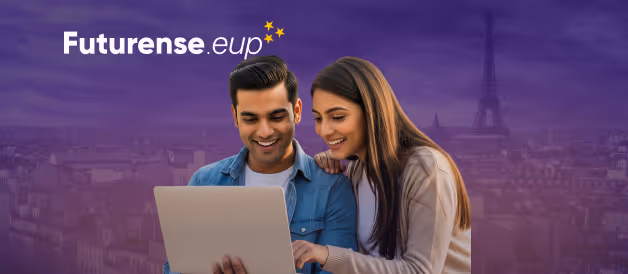 A smiling young man and woman look at a laptop together with a purple cityscape background featuring the Eiffel Tower and the Futurense.eup logo.