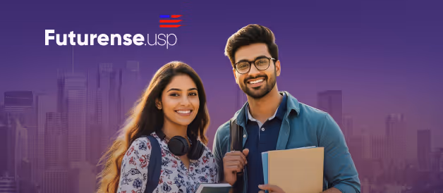 Smiling young man and woman holding books and backpacks standing in front of a purple cityscape background with 'Futurense.usp' logo.