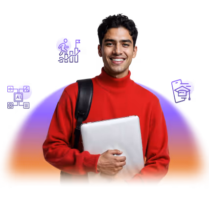 Smiling young man in a red sweater holding a laptop and a backpack strap over his shoulder, with purple and orange gradient background and floating icons.