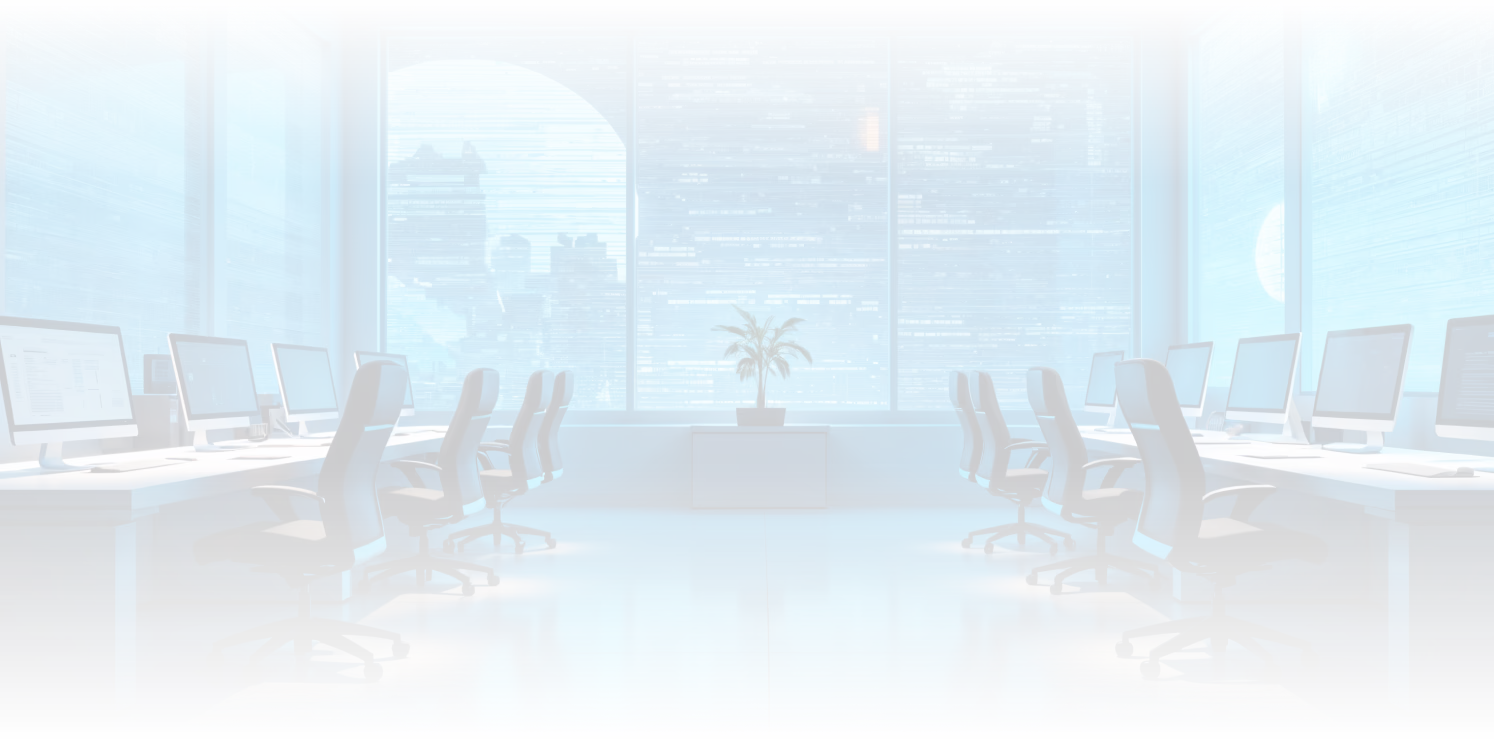 Modern office with two rows of black swivel chairs and computers facing large windows showing a futuristic cityscape at night.
