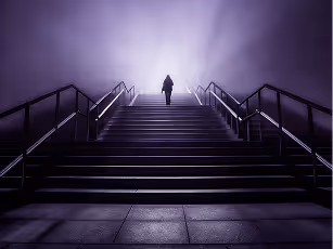 Silhouette of a person walking up a staircase toward a bright, foggy light.