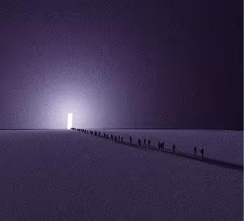 Small silhouetted figures walking in a line toward a bright open doorway in a dark, vast space.