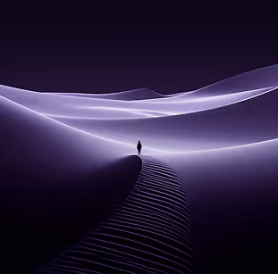 Silhouette of a person walking on a rippled path surrounded by glowing purple sand dunes.