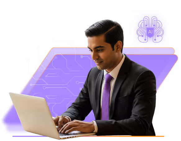 Man in a suit with a purple tie working on a laptop with a digital AI-themed background.