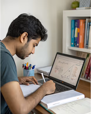 Young man studying math, writing notes with a pen while looking at a laptop screen displaying a right triangle and equations.