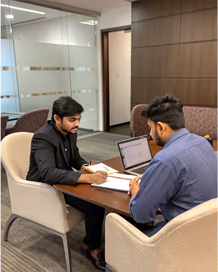 Two men sitting across a wooden table in an office, one taking notes and the other using a laptop.