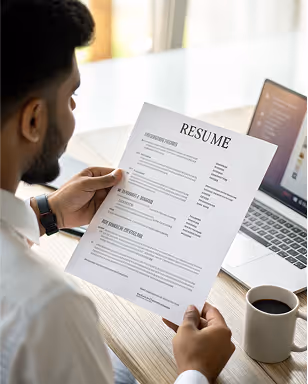 Person holding a printed resume document while sitting at a desk with an open laptop and a cup of coffee.