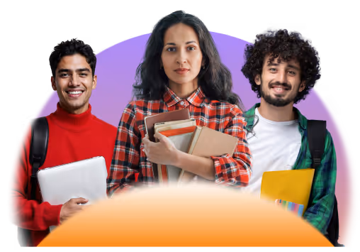 Three students holding notebooks and folders, standing with a gradient purple and orange background.
