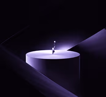 Small humanoid figure holding a glowing orb on a round pedestal illuminated by a purple spotlight in a dark abstract environment.