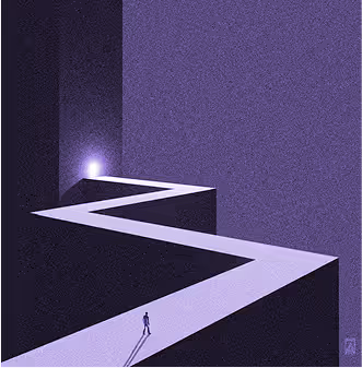 A small figure walks along a zigzagging elevated path toward a bright glowing light in a dark purple, minimalist landscape.