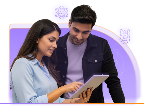 Two people looking at and interacting with a tablet against a purple abstract background with digital icons.