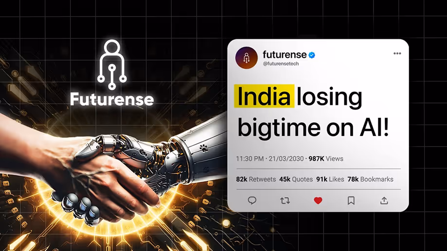 A robotic hand shaking a human hand with a glowing circuit background and a social media post highlighting 'India losing bigtime on AI!' from Futurense.