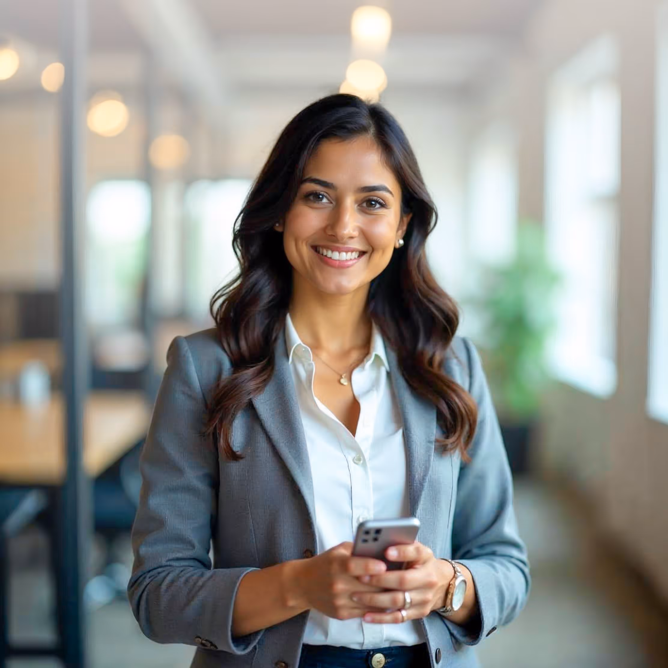 Smiling professional woman in gray blazer holding a smartphone in a bright office.