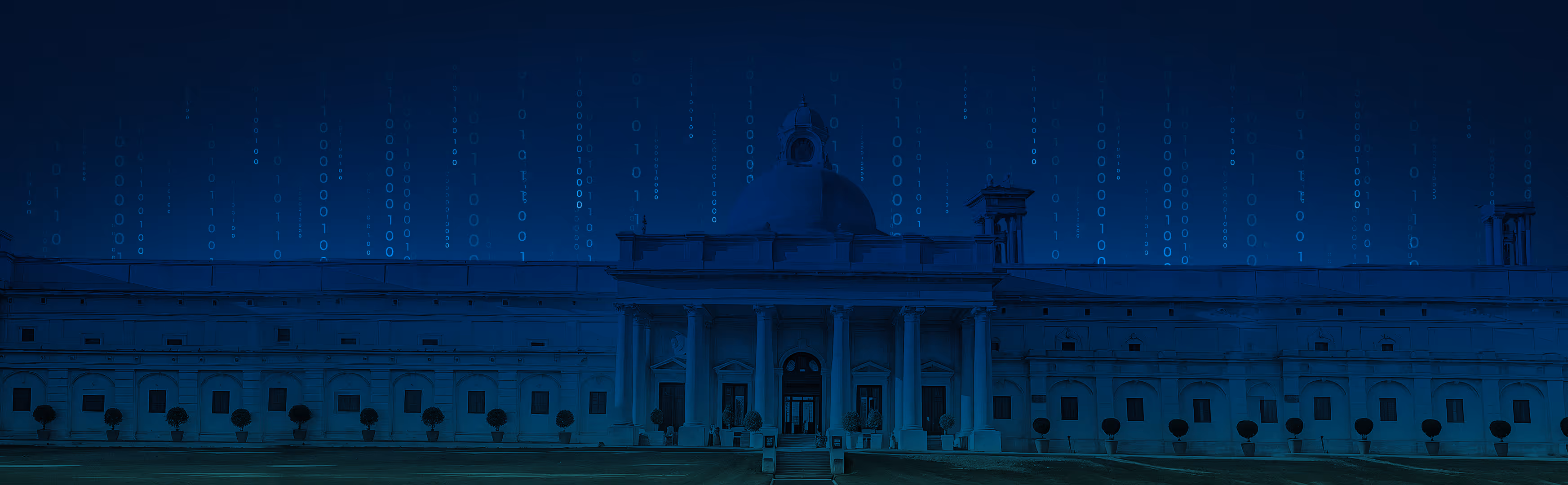 Illuminated classical building facade with columns under a dark blue digital rain of binary code.