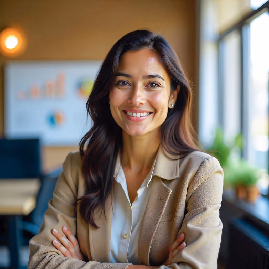 Smiling businesswoman in beige blazer with arms crossed in a bright office setting.