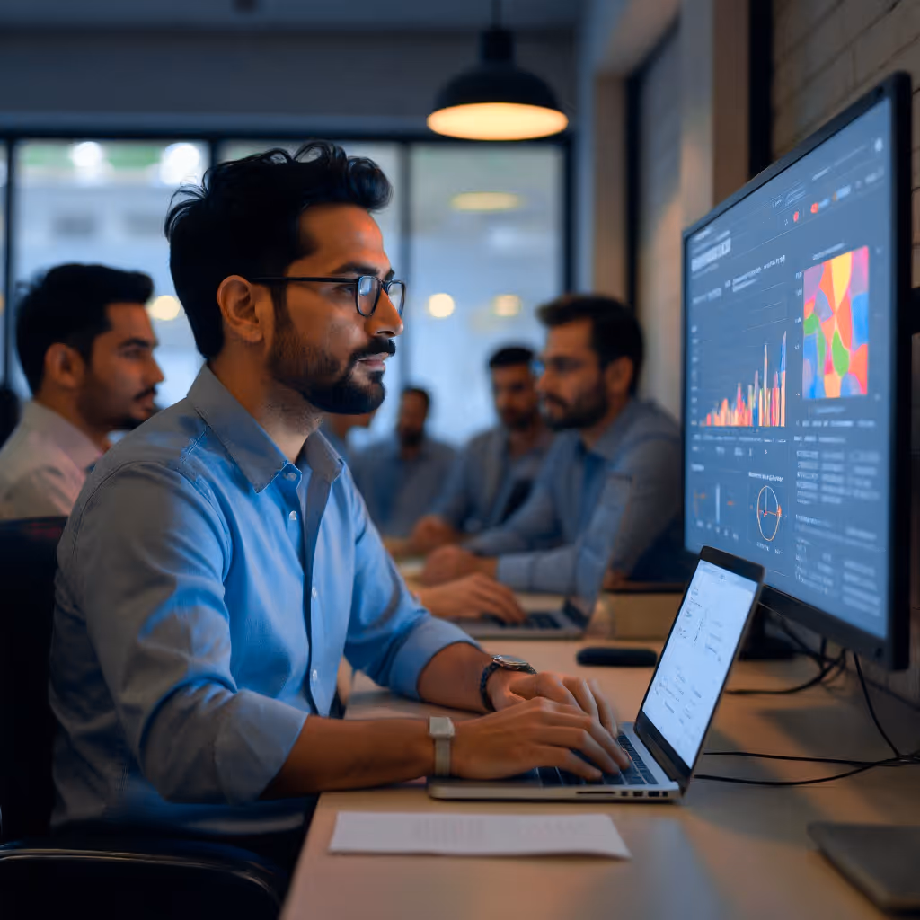 Man in glasses working on a laptop with data charts displayed on a large monitor in an office with colleagues.