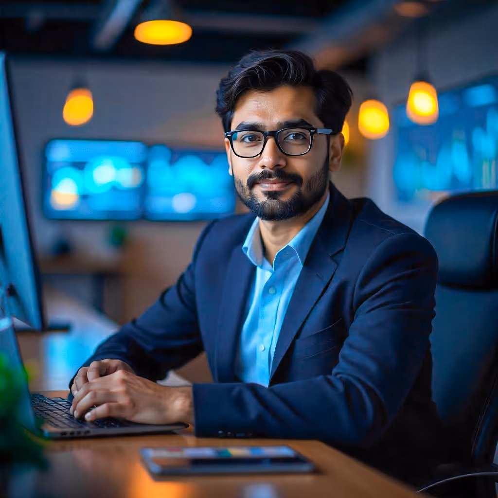 Man in glasses and suit working on a laptop in a modern office with blurred screens and warm lighting in the background.