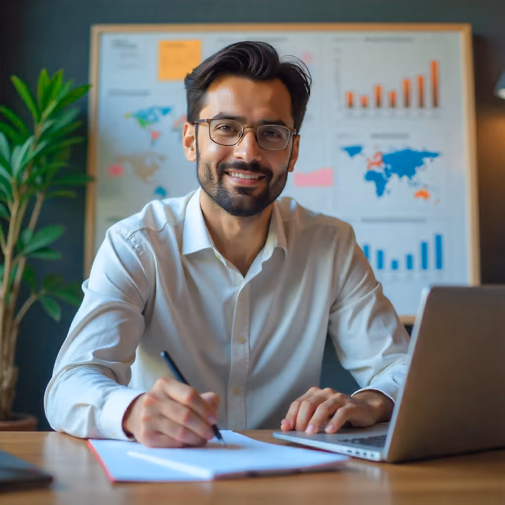 Smiling man with glasses writing on a notepad at a desk with a laptop, with charts and maps on a whiteboard behind him.