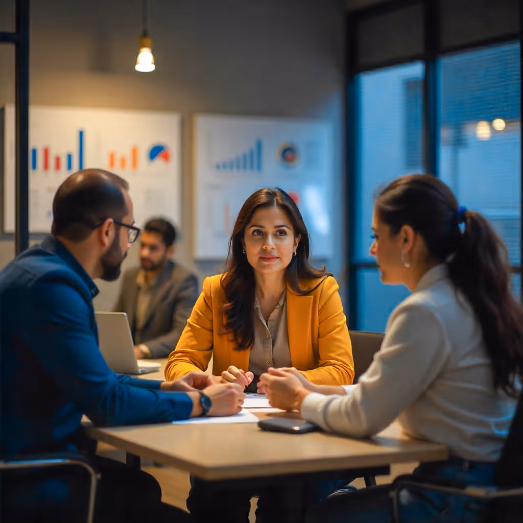 Three business professionals having a meeting in a modern office with charts on the wall.