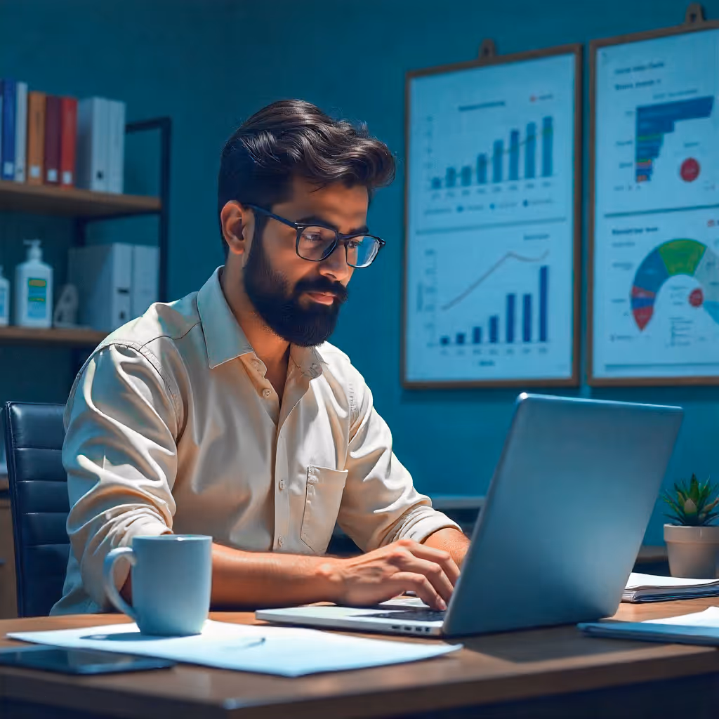 Man wearing glasses working on a laptop at a desk with charts on the wall in the background.