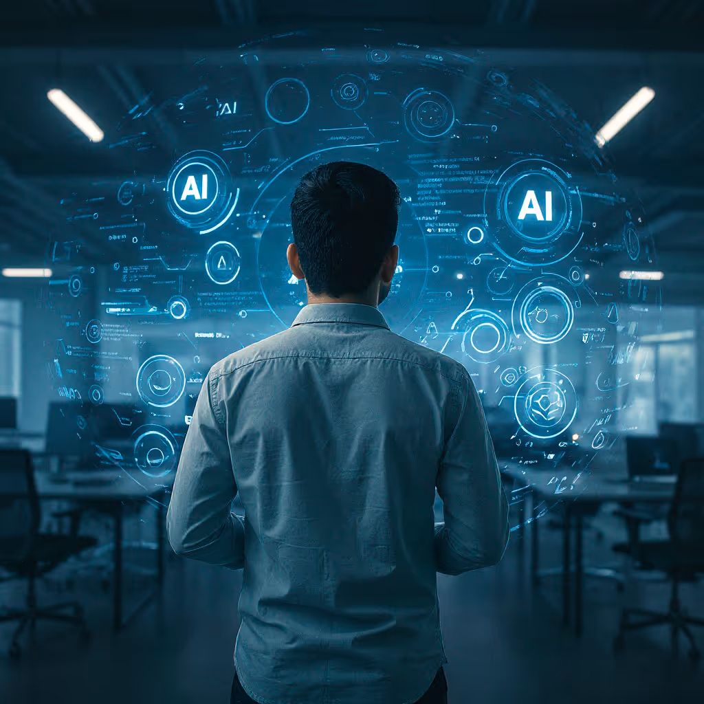 Man standing in an office facing a holographic sphere displaying digital AI icons and data.