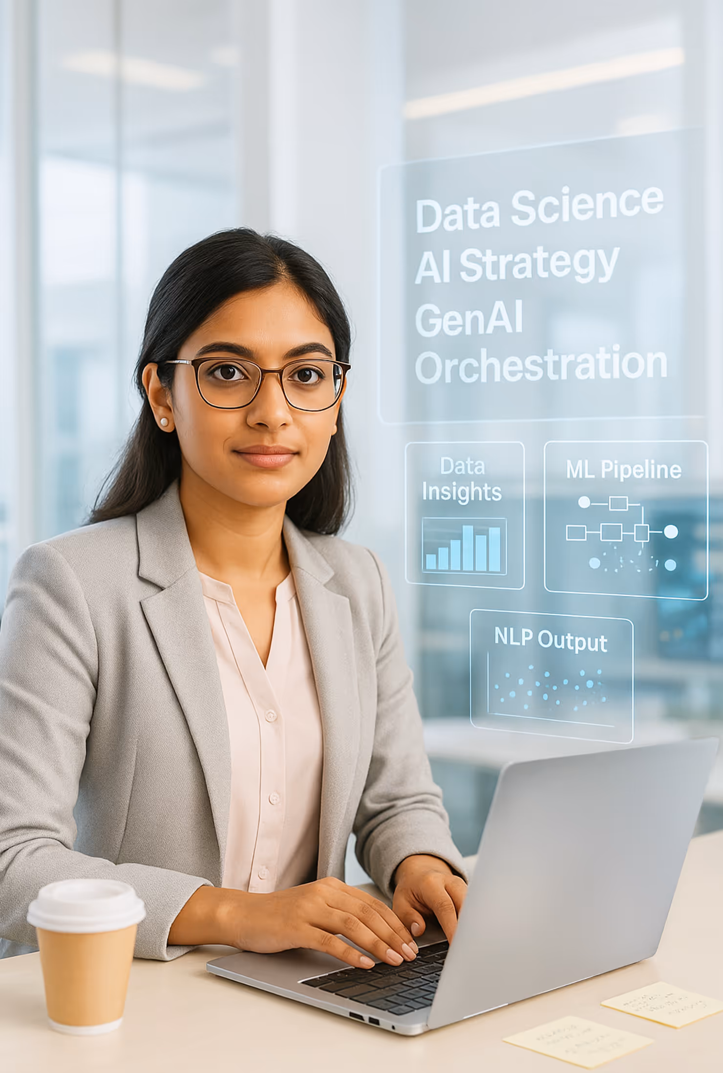 Woman wearing glasses and a gray blazer working on a laptop with floating text about data science, AI strategy, and machine learning concepts.