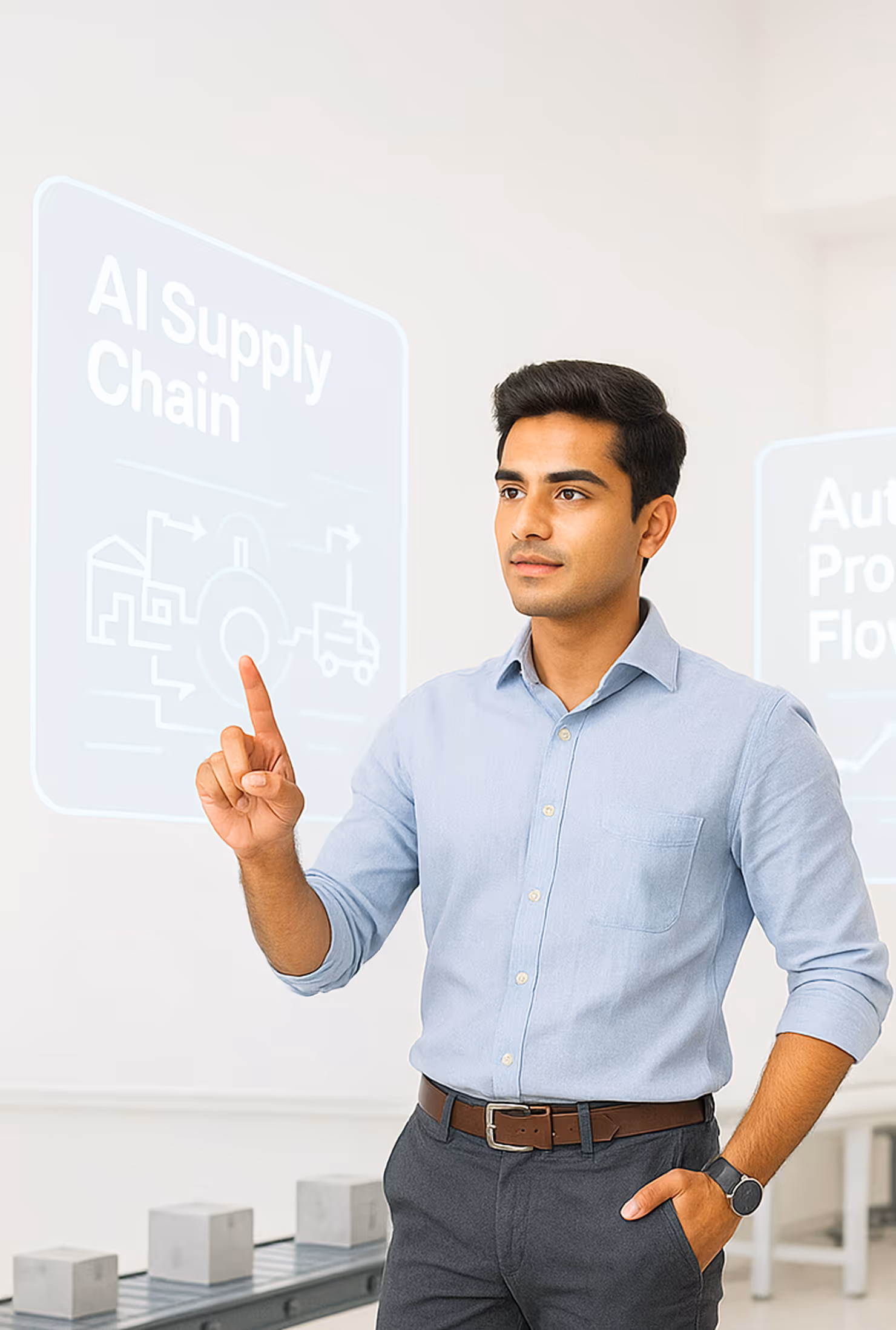 Man in a light blue shirt interacting with a virtual interface showing AI Supply Chain icons and text.