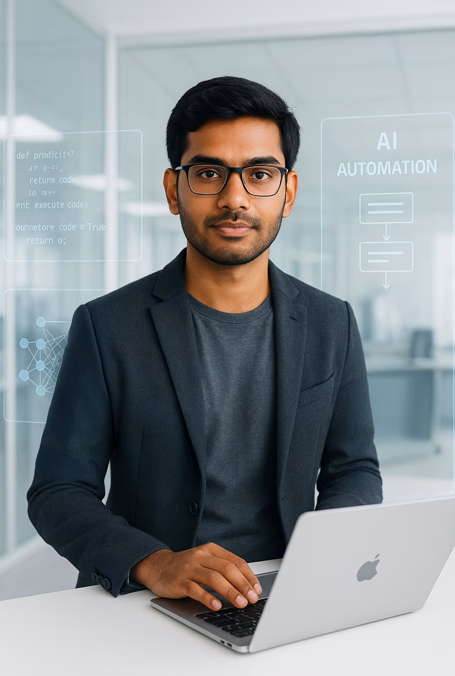 Young man wearing glasses and a dark blazer working on a laptop with AI automation and code graphics overlay in an office.