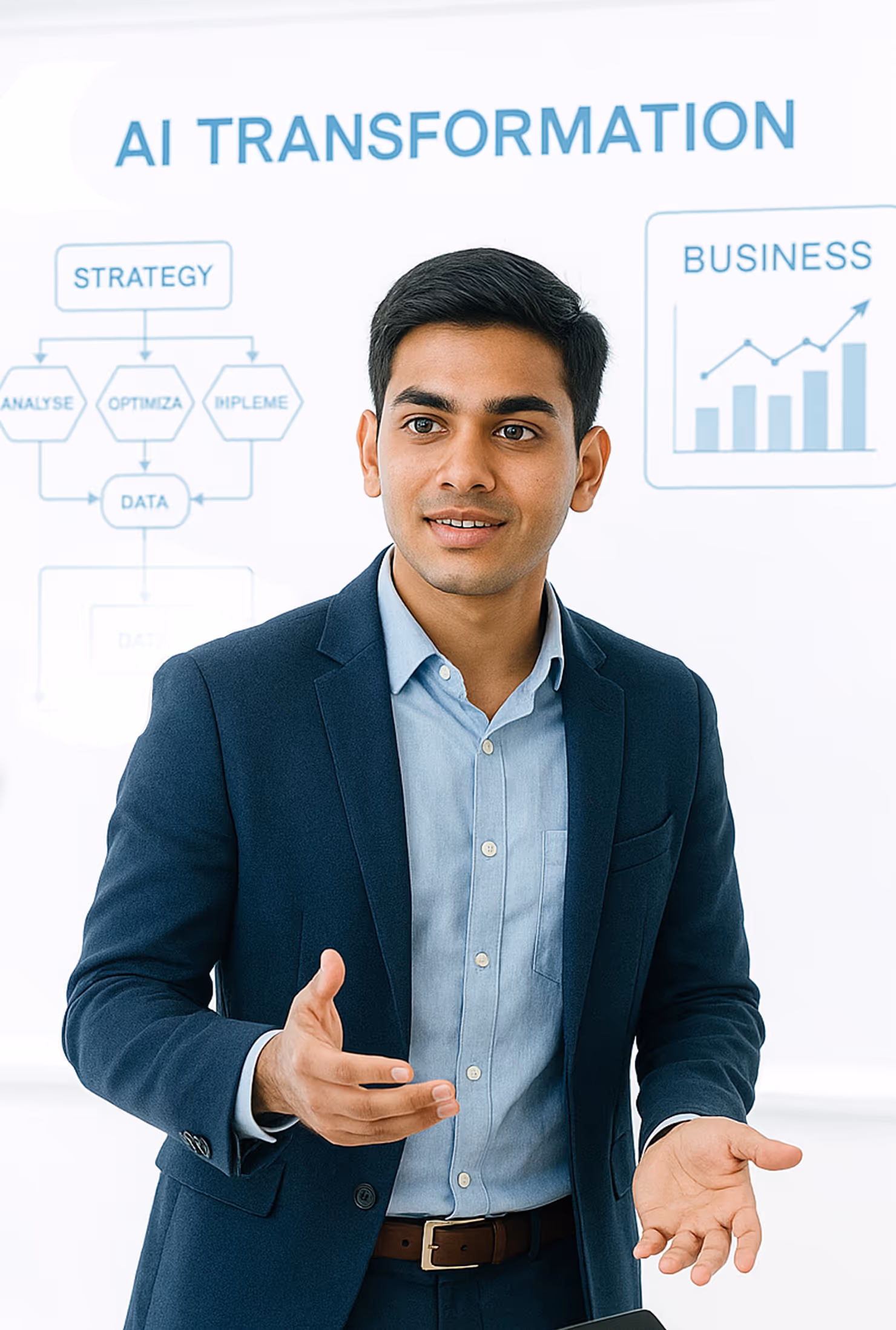 Young man in a suit explaining AI transformation with a flowchart and business graph on a whiteboard behind him.