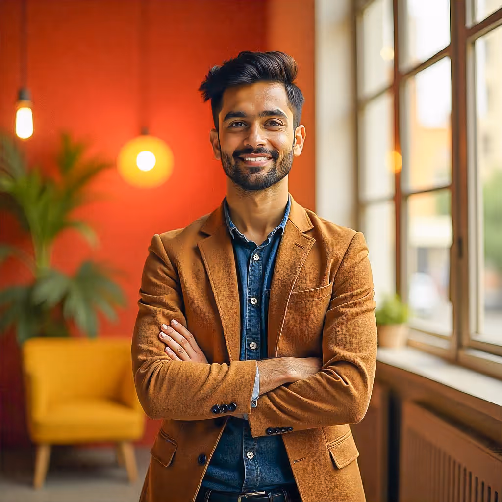 Confident man in a brown blazer standing with arms crossed in a warmly lit modern room with large windows.