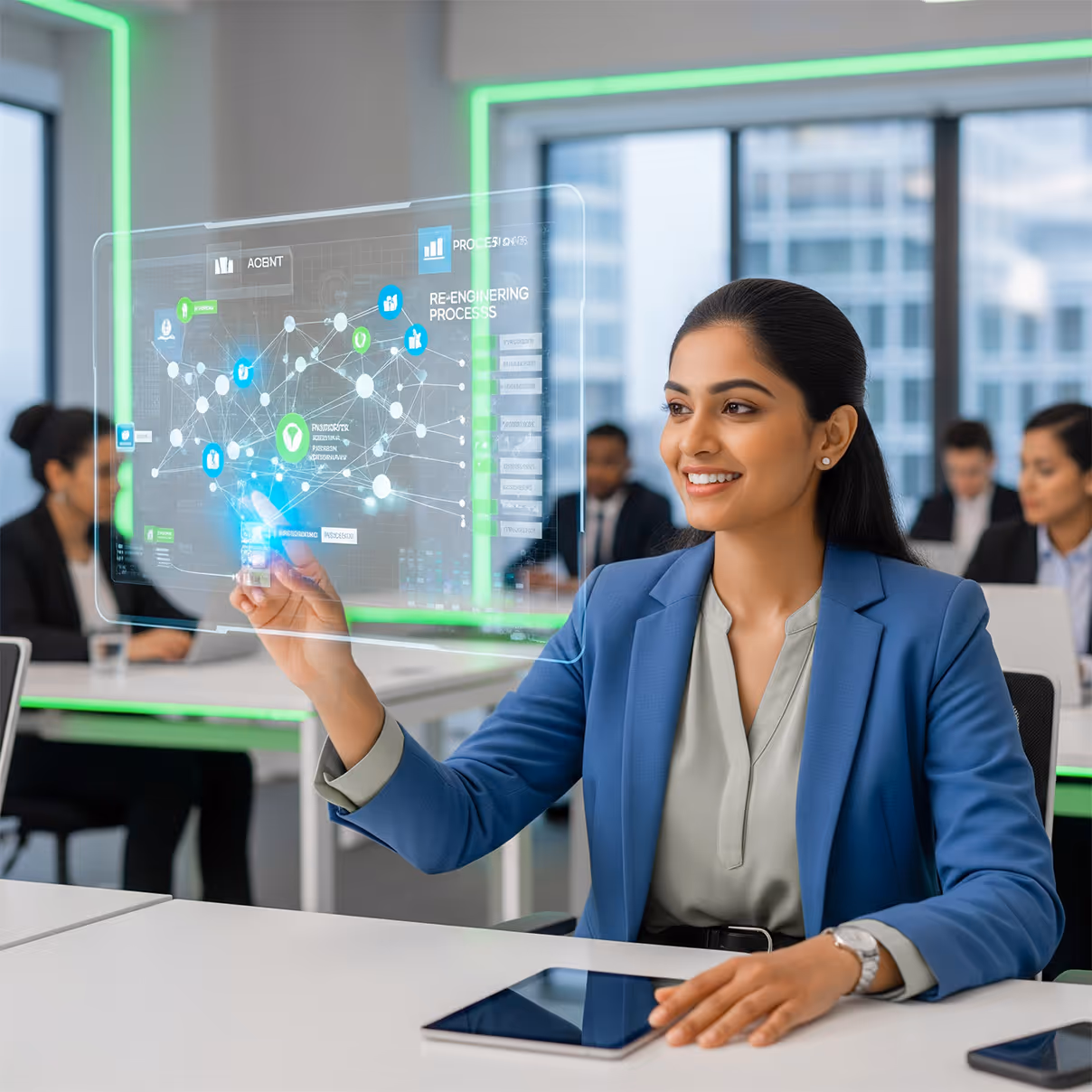 Smiling businesswoman interacting with a transparent digital screen displaying network analytics in an office.