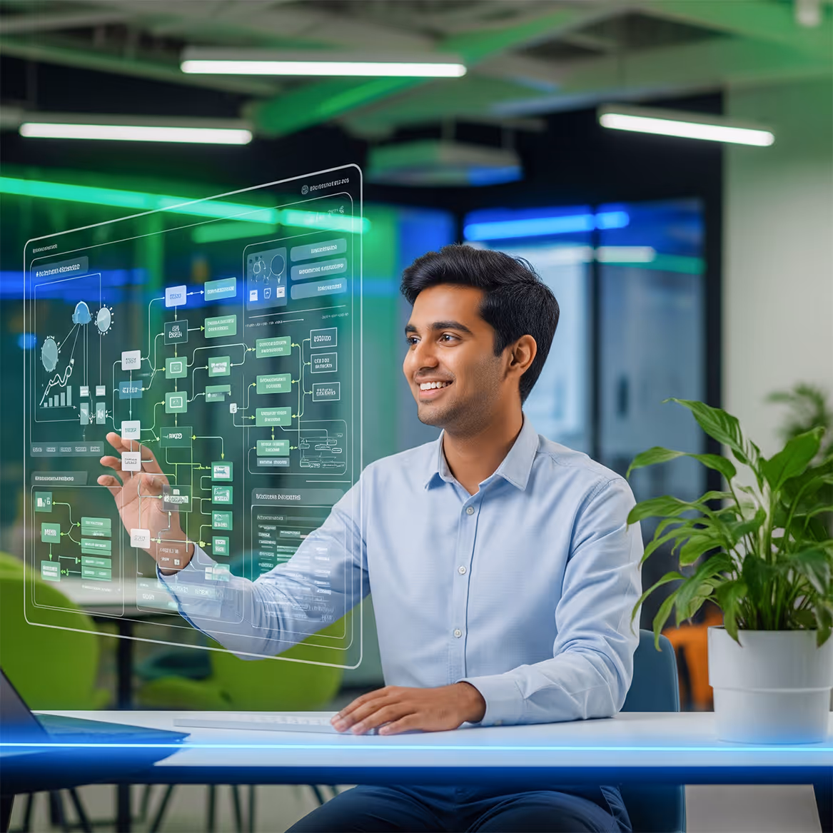 Smiling man in blue shirt interacting with a futuristic transparent digital touchscreen interface in a modern office.