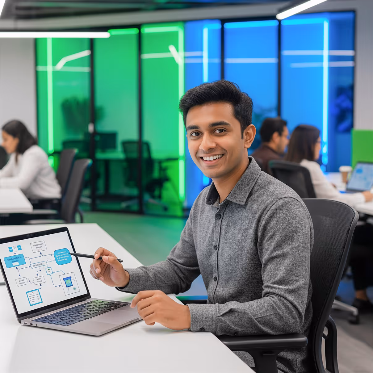 Smiling man in gray shirt pointing at a flowchart on a laptop screen in a modern office.