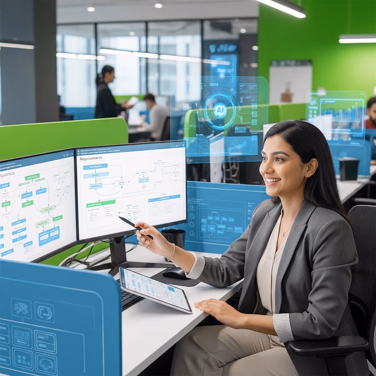 Smiling businesswoman pointing at dual computer monitors displaying flowcharts and data in a modern office workspace.