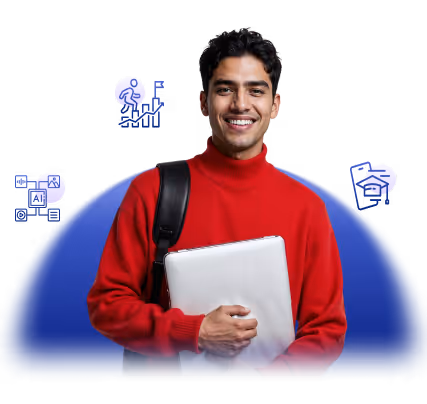 Smiling young man in a red sweater holding a laptop with a black shoulder bag.