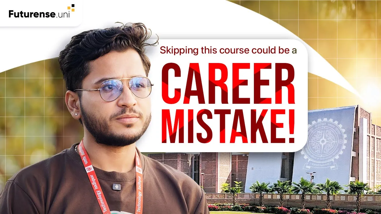 Young man wearing glasses and a brown shirt with an educational lanyard, with a modern institutional building and the text 'Skipping this course could be a CAREER MISTAKE!' in the background.