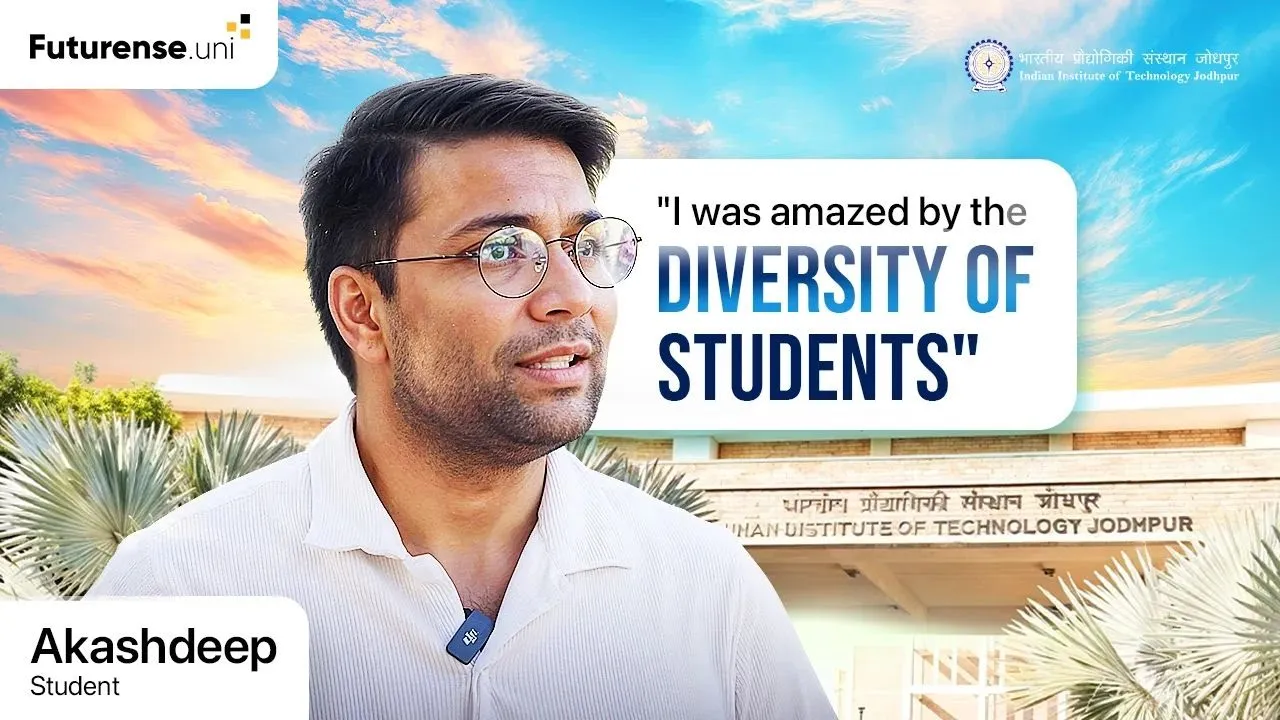 Portrait of Akashdeep, a student, with a building of Indian Institute of Technology Jodhpur in the background and a quote about diversity of students.
