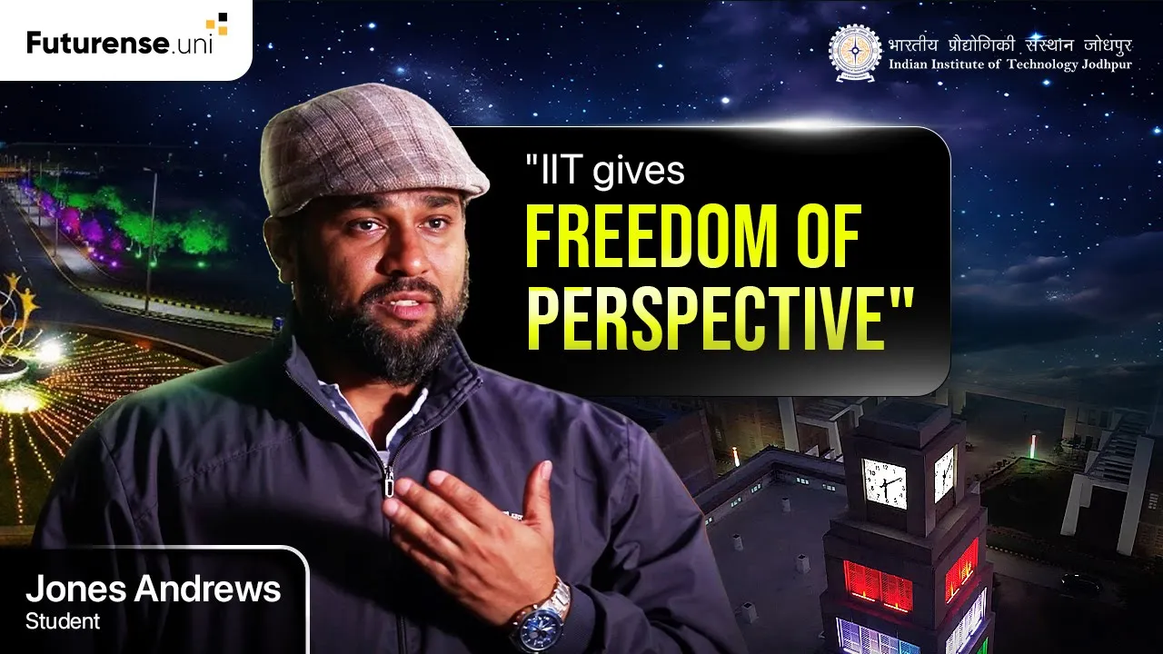 Jones Andrews, a student, speaking with a night cityscape background featuring a clock tower and colorful lights, alongside the quote 'IIT gives freedom of perspective' and logos of Futurense.uni and Indian Institute of Technology Jodhpur.