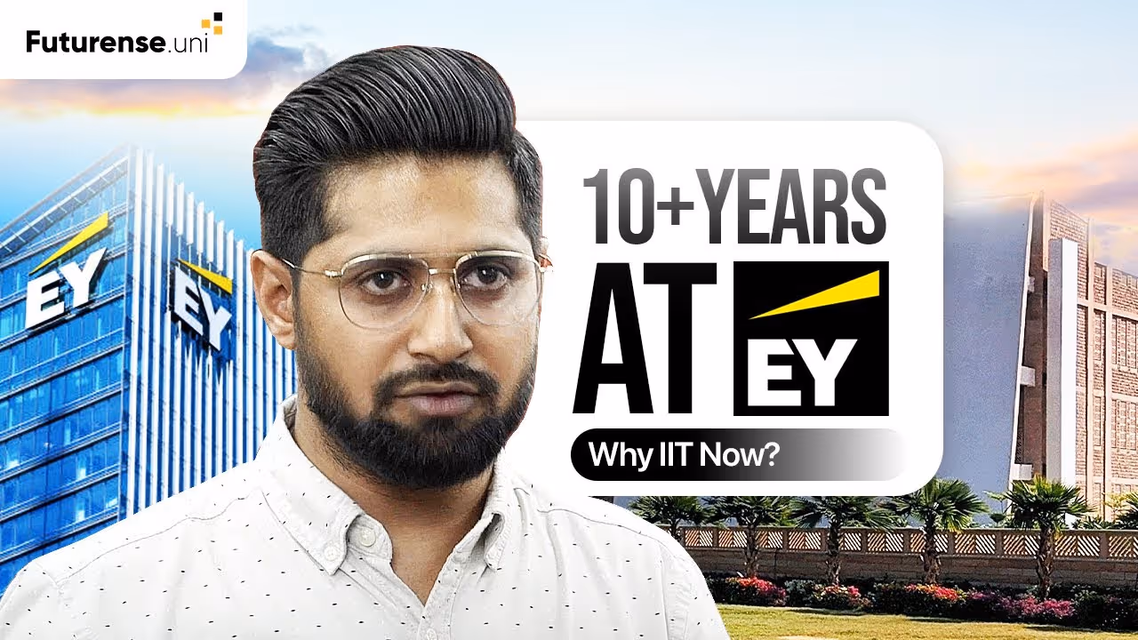 Man with glasses and beard standing in front of EY building with text '10+ years at EY Why IIT Now?'