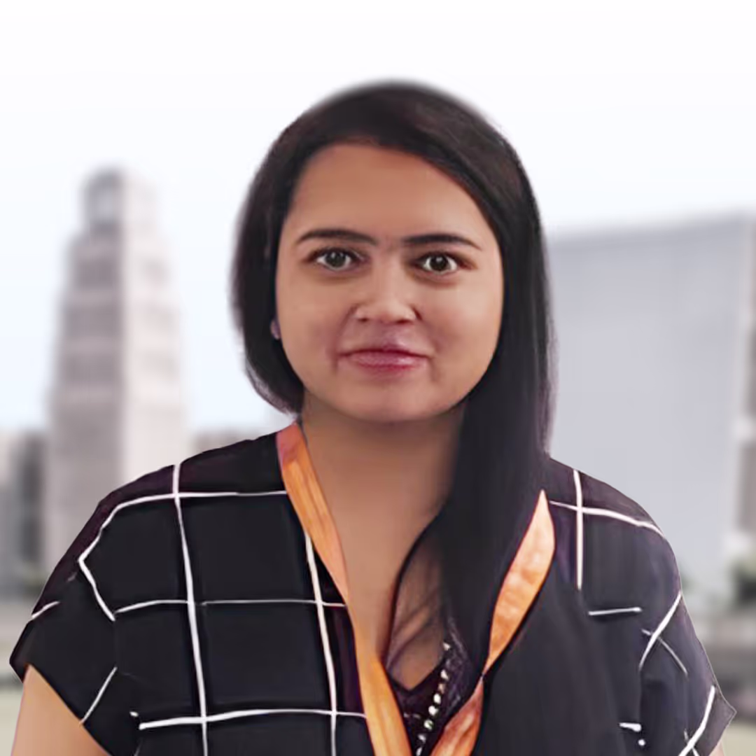 Woman with long dark hair wearing a black outfit with white grid lines and an orange scarf, standing with blurred city buildings in the background.