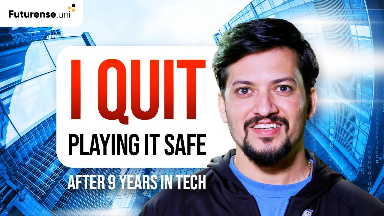 Smiling man with short dark hair and beard in front of blue skyscrapers with text saying 'I QUIT playing it safe after 9 years in tech' and Futurense.uni logo.