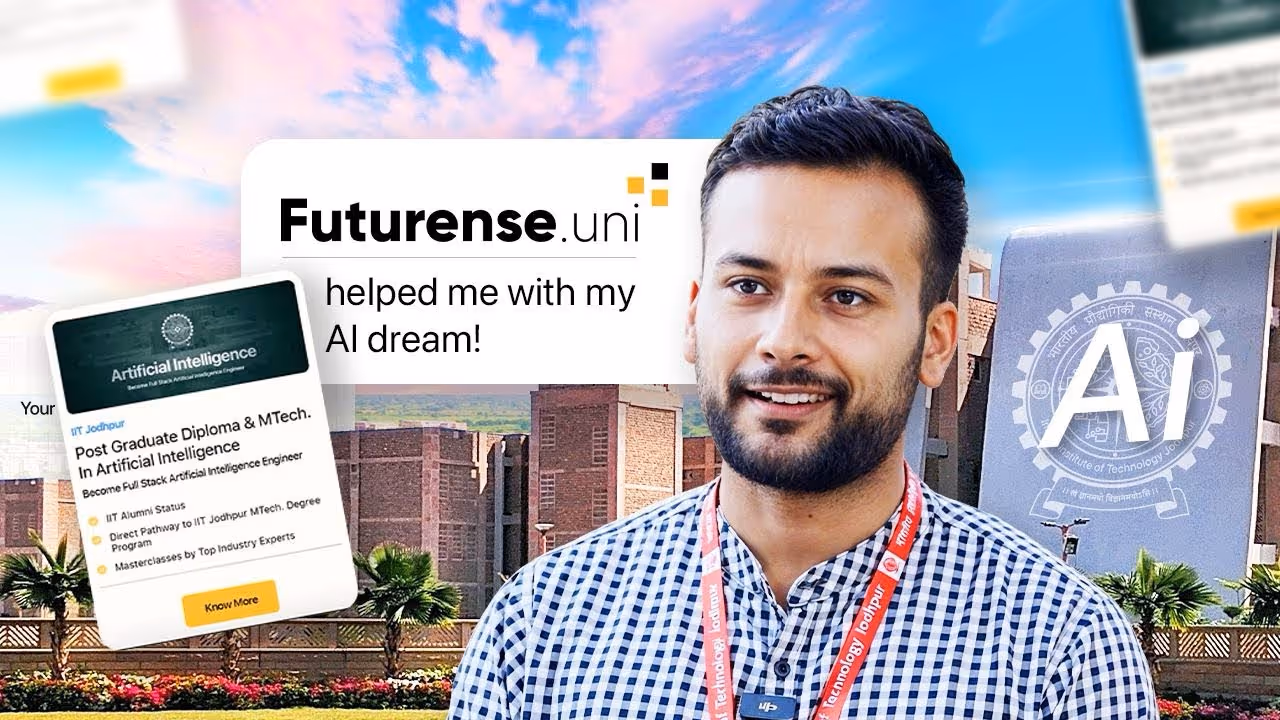 Smiling man wearing checked shirt and red lanyard standing in front of brick buildings with a Futurense.uni AI program advertisement.