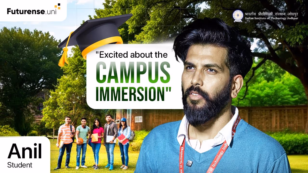 Portrait of a bearded man named Anil wearing a blue sweater and lanyard, with a group of students standing on a green campus in the background, accompanied by text saying 'Excited about the CAMPUS IMMERSION'.