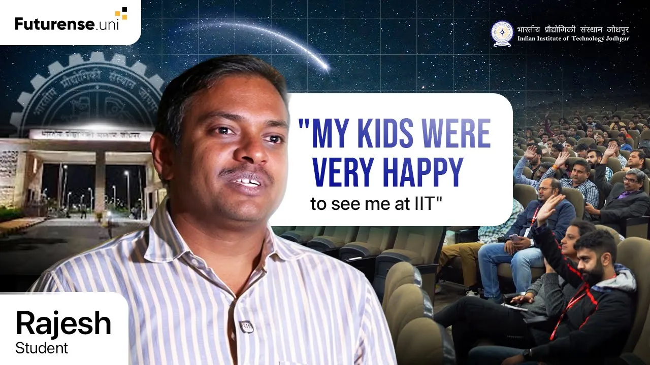 Portrait of Rajesh, a student at IIT, with a quote about his kids being happy to see him at IIT, set against a background of the IIT Jodhpur campus entrance and an auditorium filled with people raising hands.