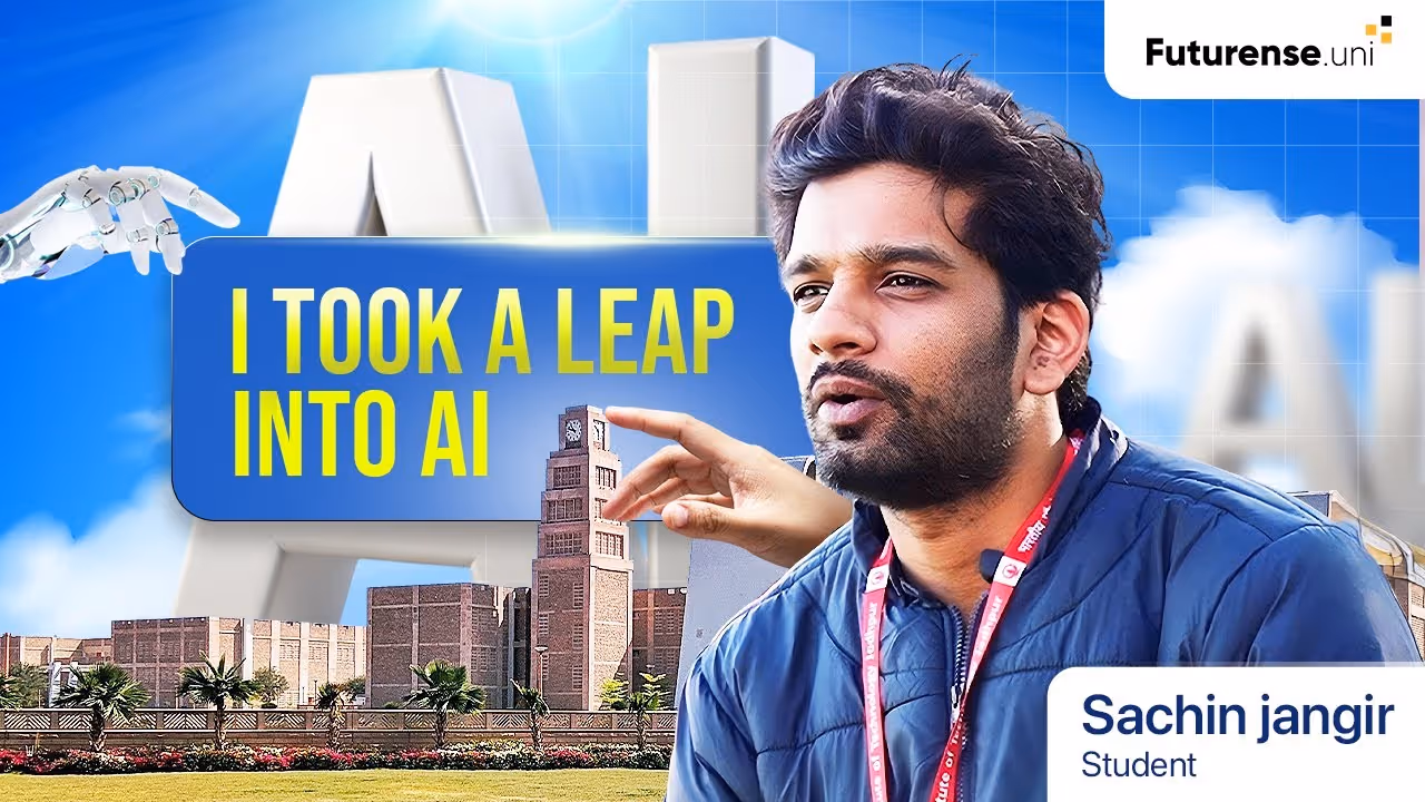 Portrait of Sachin Jangir, a student, with a background showing large AI letters and the text 'I took a leap into AI' under a blue sky.
