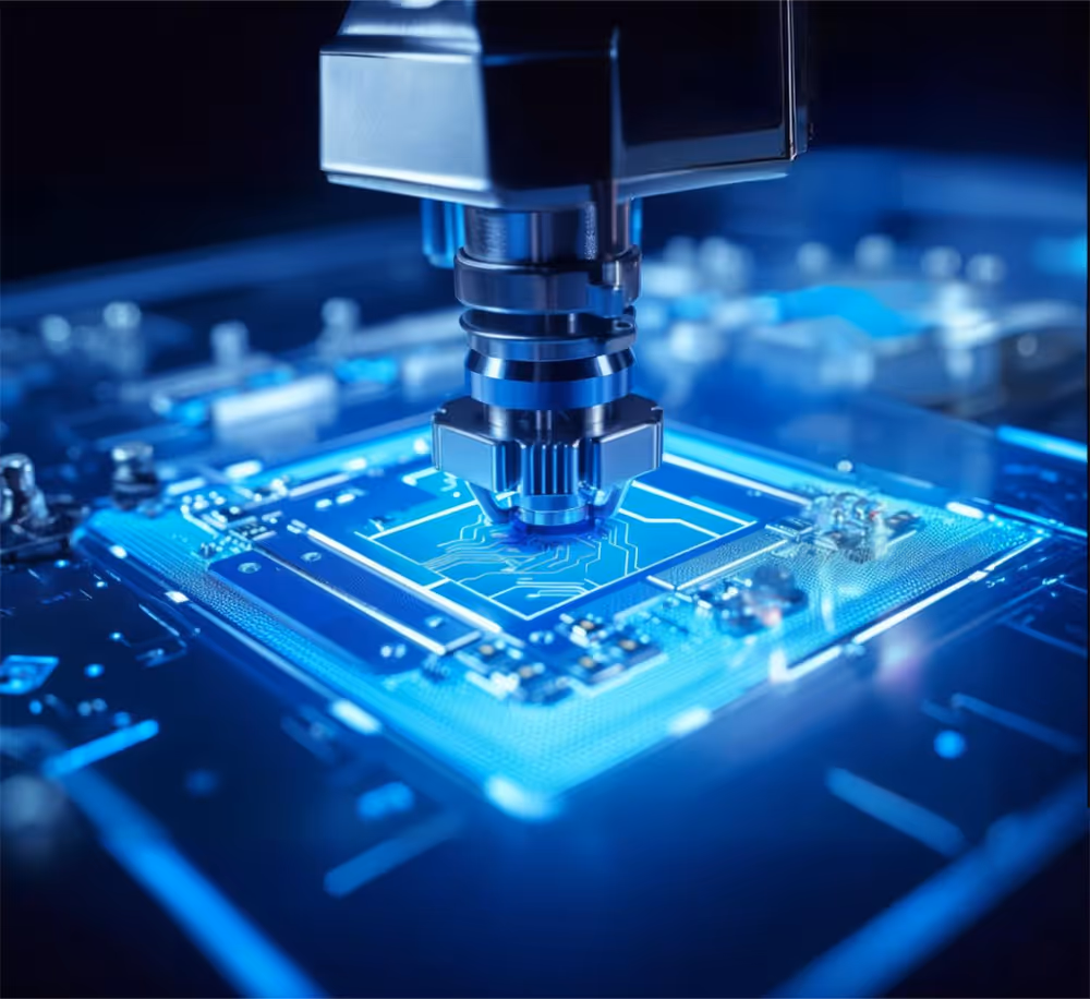 Close-up of a machine assembling or inspecting a glowing blue semiconductor chip on a circuit board.