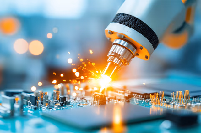 Robotic arm welding or soldering components on a circuit board with sparks flying.